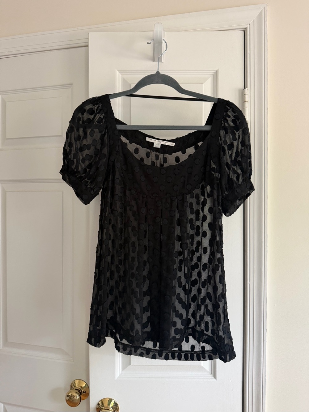 Vintage Black Silk Polka Dot Sheer Puff Sleeve Top Size 32 XS/S